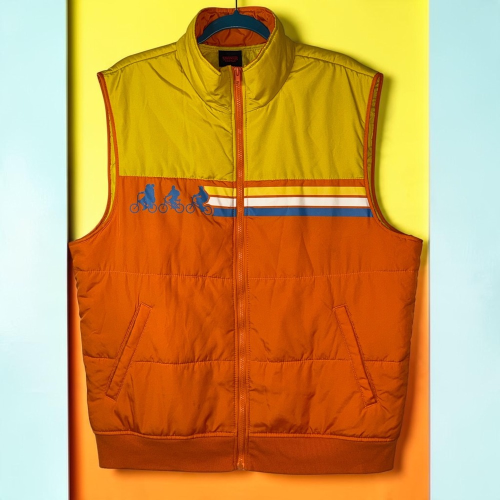Stranger Things Puffer Vest Mens XXL Orange Yellow Retro Bike Stripe Netflix